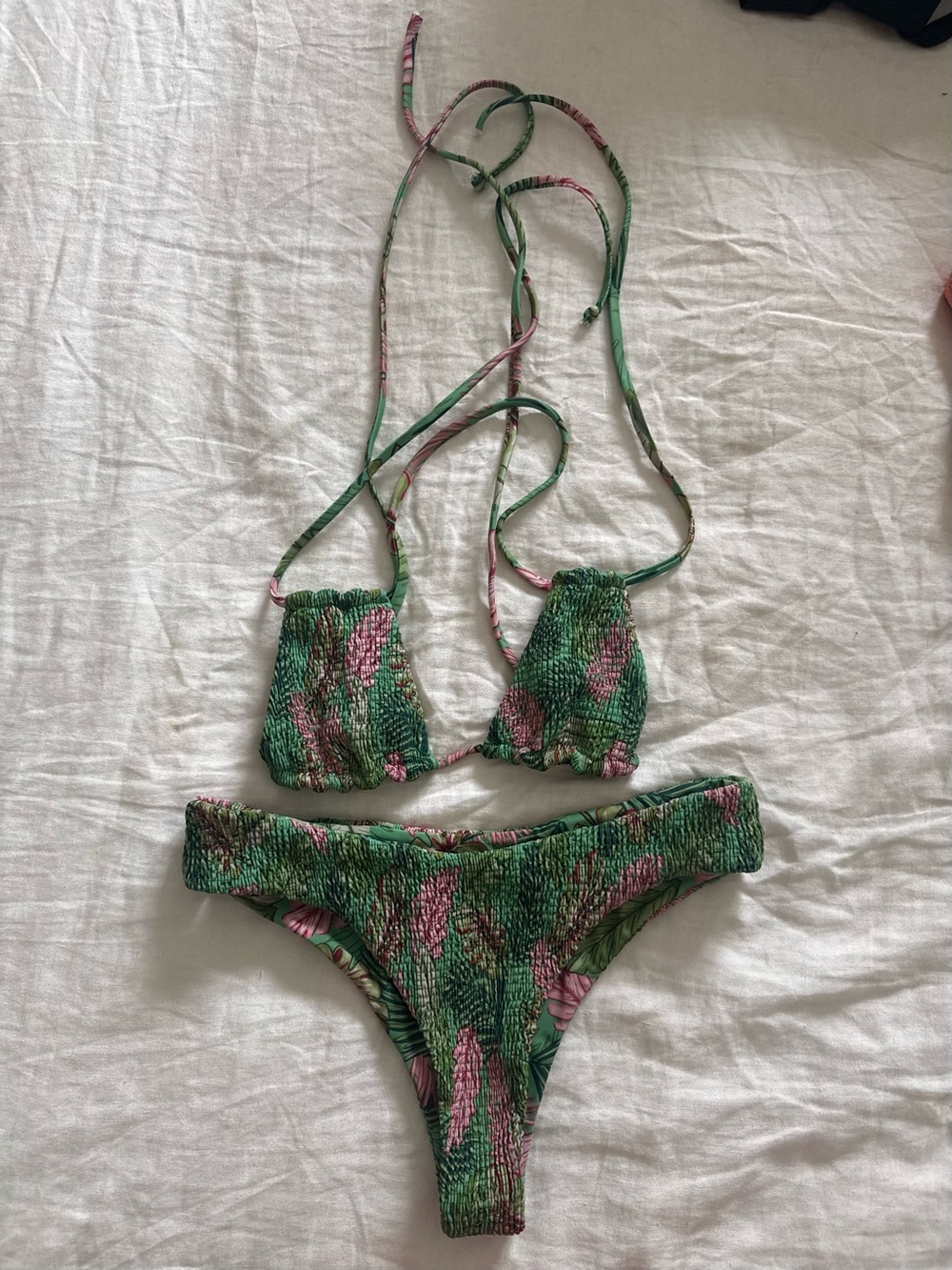 Citrine X Jenn Griffith Green Pink Floral Smocked Two-Piece Bikini